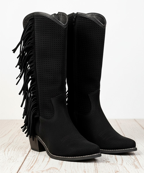Botas largas texanas Freya flecos color negro para mujer